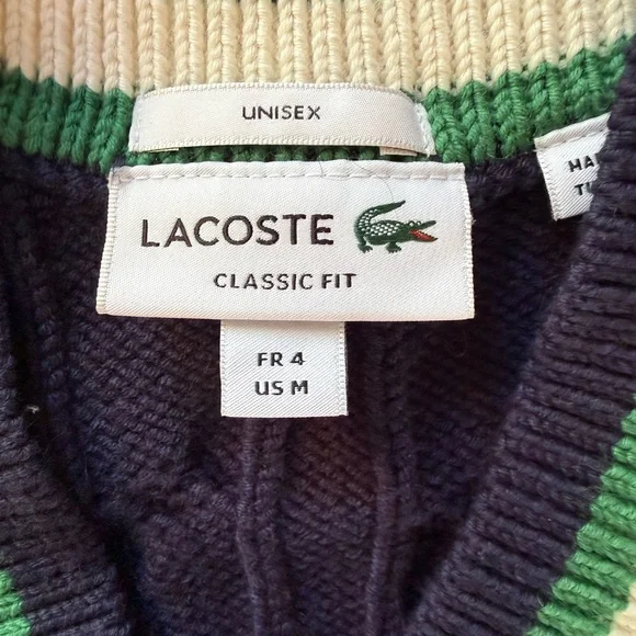 Lacoste Navy Cable-Knit V-Neck Sweater with Green and Cream Stripes - Picture 2 of 5